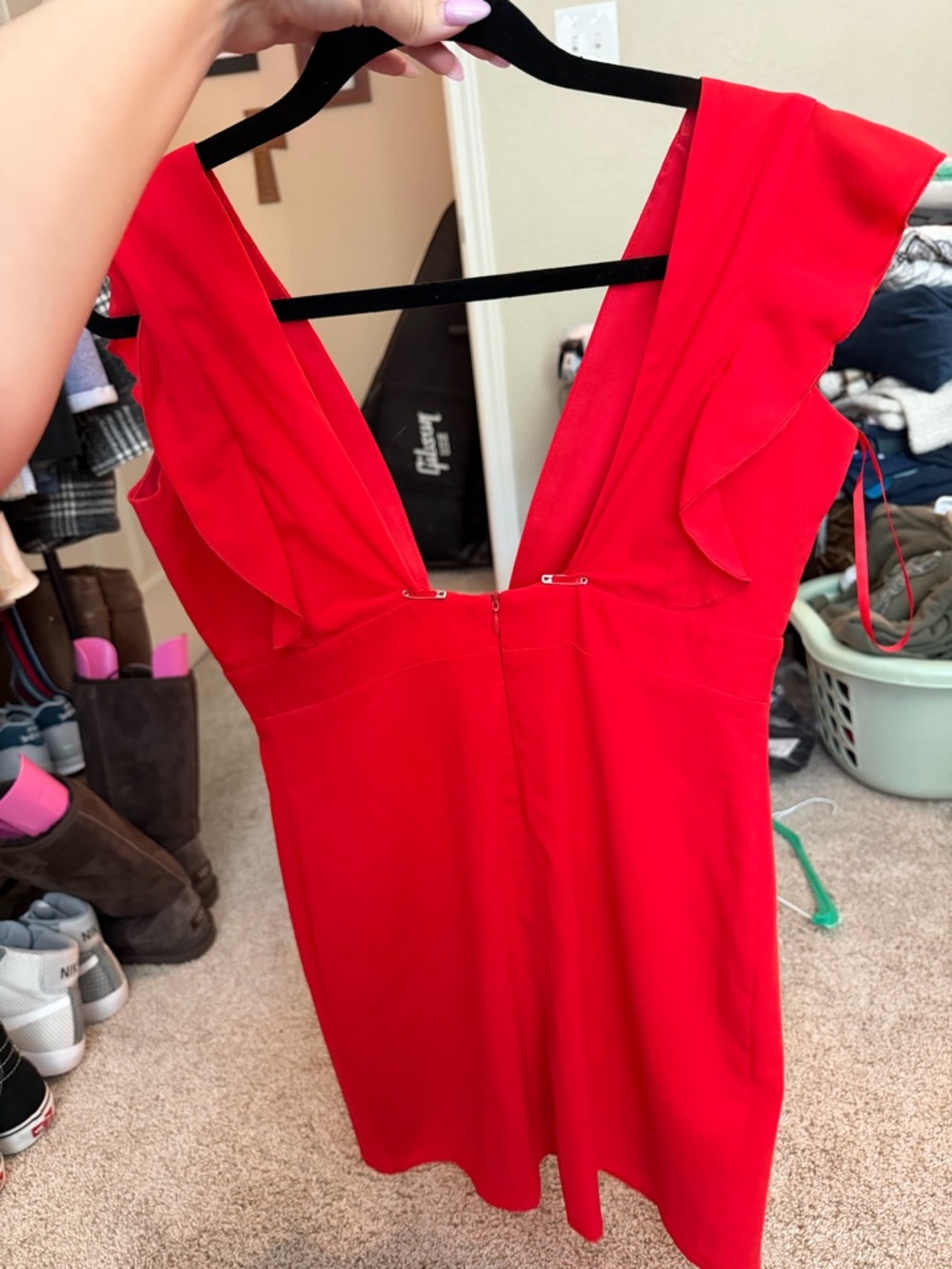 superdown Red Mini Dress with Ruffle Sleeves